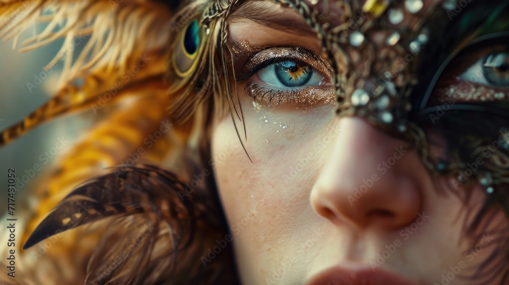 A portrait of a womans face partially covered with an intricate pea feather mask, her eyes sparkling behind the feathers in a captivating and mysterious way. A portrait of a womans face partially covered with an intricate pea feather mask, her eyes sparkling behind the feathers in a captivating and mysterious way.