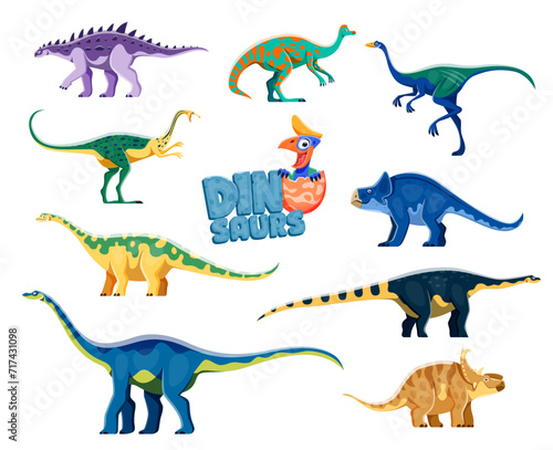 Cartoon dinosaurs isolated characters. Struthiosaurus, Jaxartosaurus, Garudimimus and Elmisaurus, Opisthocoelicaudia, Magyarosaurus, Quaesitosaurus, Pachyrhinosaurus dinosaur reptile cute personages