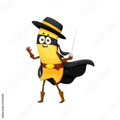 Cartoon lasagna pasta superhero character wielding rapier sword with costume featuring black cape, hat and mask. Funny noodle comics book personage ready to save the world and fight with criminals