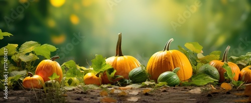 Rows of pumpkins of various sizes in the photo with a forest background with a blur effect. generative ai