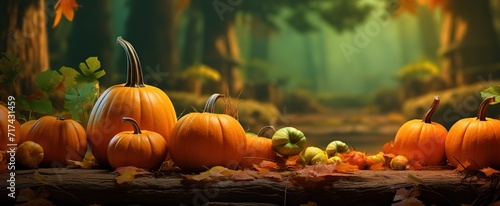 Rows of pumpkins of various sizes in the photo with a forest background with a blur effect. generative ai