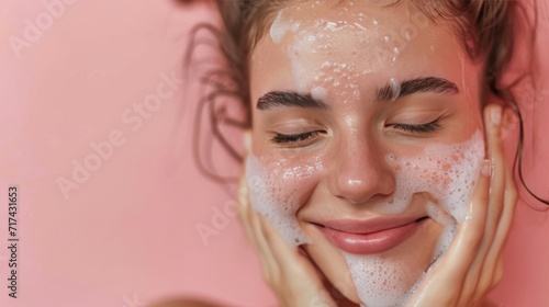Smiling young woman washing foam face by natural foamy gel. Satisfied girl with bare shoulders applying cleansing beauty product on cheeks and closes her eyes. Personal hygiene, skincare daily routine photo