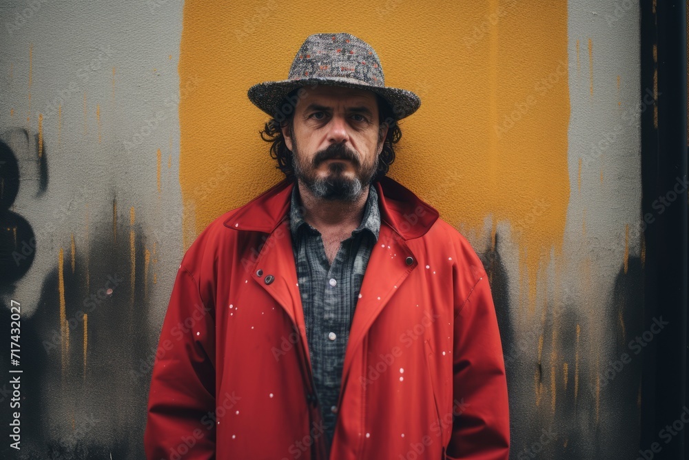 Handsome bearded man in a red raincoat and a hat. Handsome bearded man in a red raincoat and a hat.