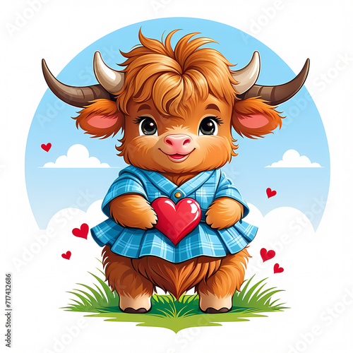 Cute happy highland cow holding a love. Valentine   s day clip art illustration for white t-shirt design  cover  poster  mug. Ready to print and easy to use.