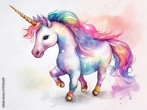 Small white unicorn with golden horn, beautiful multicolored mane, without wings, in watercolor painting style, close-up on light background