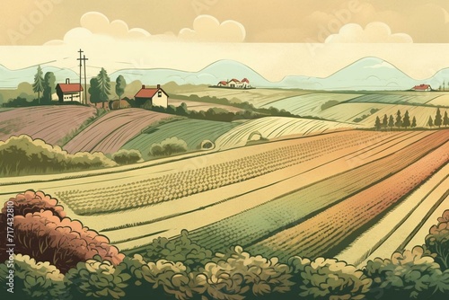 Vintage farmfield with a cartoon-style touch. Generative AI photo