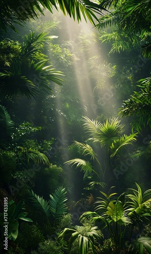sunlight shining trees tropical jungle theophanic vivarium flares paradise green scheme overgrown deep sense spirituality volumetric haze delicate soft hazy lighting