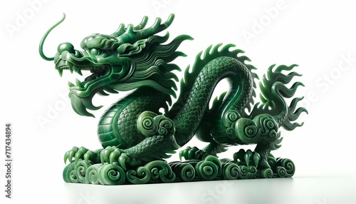 Carved green jade Chinese Asian dragon statue isolated display on white background.