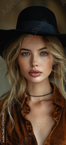 closeup woman wearing hat shirt portrait close face upper body blonde goddess jacket thin lips girl love light freckles full view © Cary