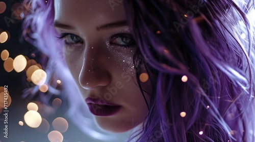 A woman with long, flowing purple hair and a bold, holographic lip color. Her piercing gaze is accented by holographic sparks flickering above her brows, giving her a rebellious and edgy © Justlight