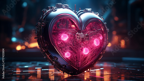 Iron heart, AI heart, robot heart in pink theme, biomechanical heart, love symbol, high tech Valentine