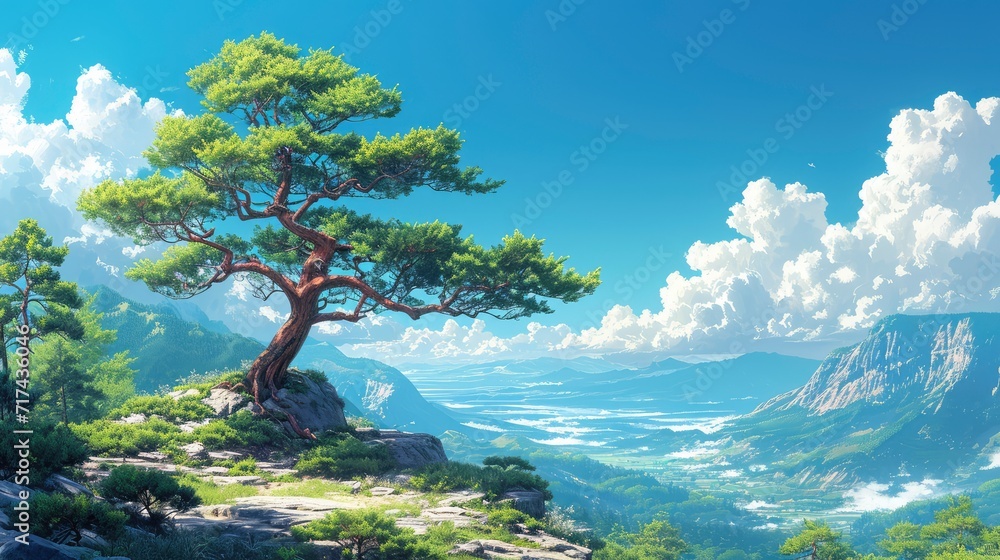 Obraz premium Conifer Tree On Blue Sky Background, Background Banner HD