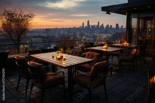 Rooftop bar with panoramic views of the city skyline during the evening, Generative AI © Shooting Star Std