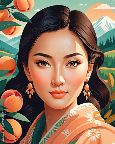 Modern Flat Design Portrait of Sturdy Central Asian Woman in Nature Gen AI photo
