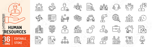 Human resources editable stroke outline icons set. Recruitment, employment, support, office, management, resume, job, teamwork and business. Vector illustration