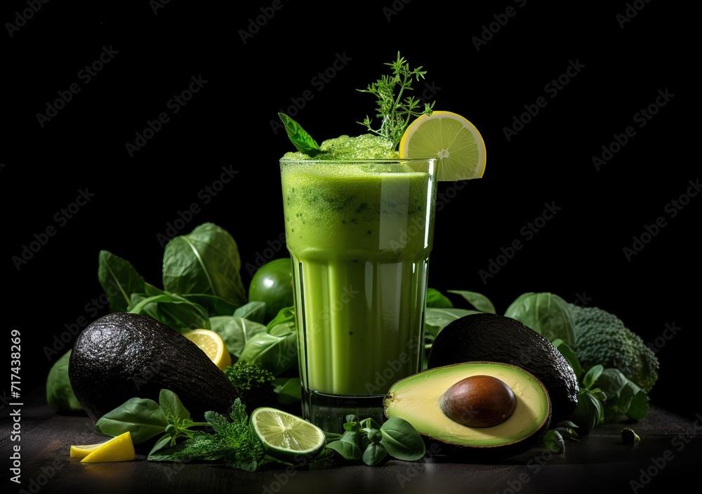 A green juice with avocado slices garnished on the side in a photo in front of a black wall. generative ai. A green juice with avocado slices garnished on the side in a photo in front of a black wall. generative ai.