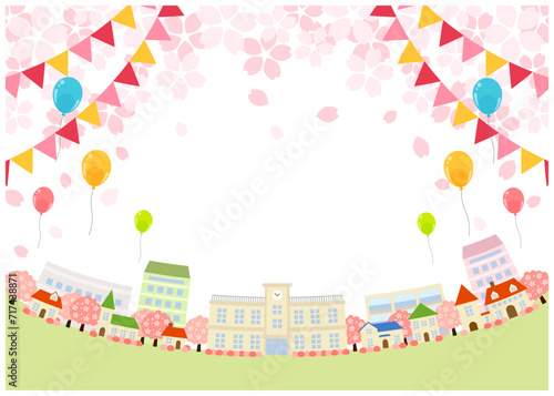 町並み、学校、背景、イラスト、横型、入学式