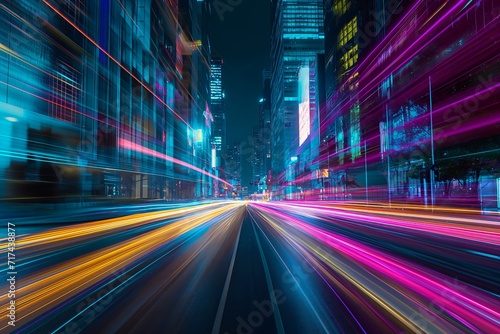 closeup city street blurry buildings color tron legacy quantum computing call action head centralized connectivity luminescent fabrics