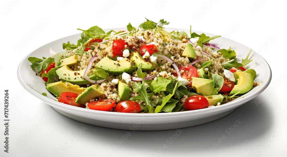 A healthy salad with sliced vegetables and avocado on a white plate. generative ai. A healthy salad with sliced vegetables and avocado on a white plate. generative ai.