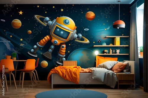 a child’s bedroom with a space theme features a large robot mural on the wall, planets and stars hanging from the ceiling, and a bed with orange bedding.
