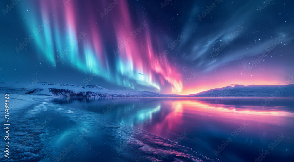Stunning purple and blue aurora borealis reflecting on a snow-covered serene landscape