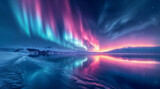 Stunning purple and blue aurora borealis reflecting on a snow-covered serene landscape