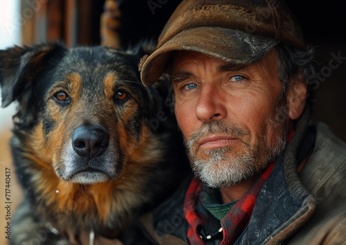 man dog sitting together rugged portrait eyes tele lens naturalistic technique two models frame ranger looking left posse features friend going gray hay full face farmer caramel