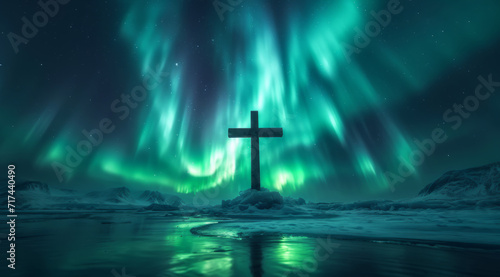 A solitary cross stands under the green glow of the aurora borealis in a wintry night scene, AI generated