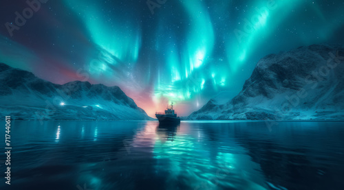 A boat under the green aurora borealis, surrounded by snowy mountains on calm waters, AI generated