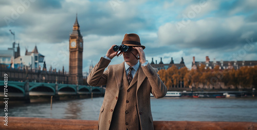 A young man in a beige coat and a hat looks through binoculars at the Big Ben in London