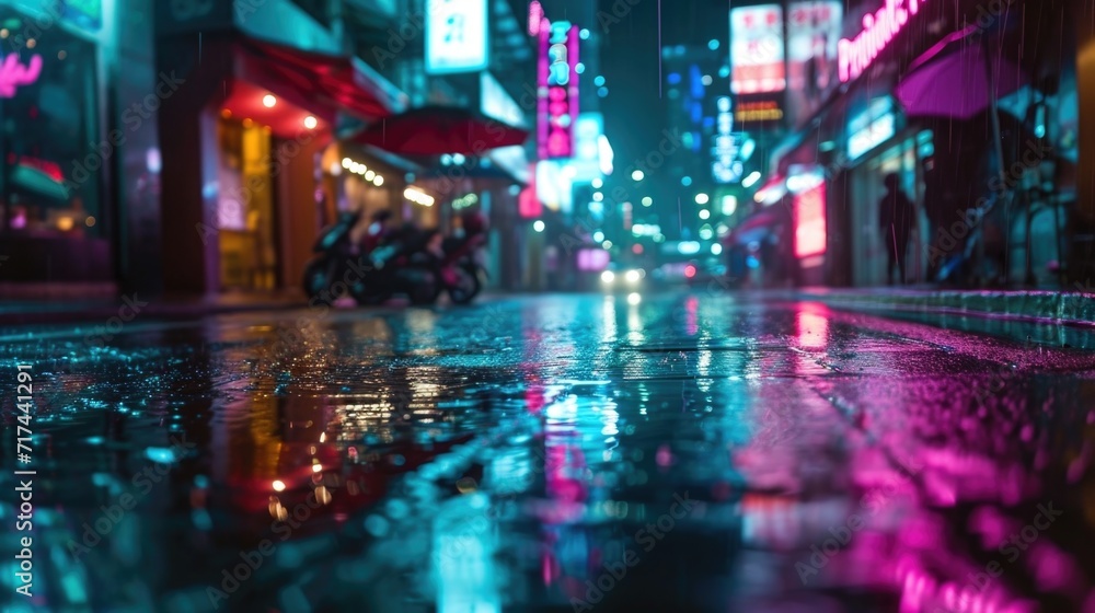 Neon signs reflect off of the rainy streets creating a dreamy and dynamic cityscape timelapse. - obrazy, fototapety, plakaty 