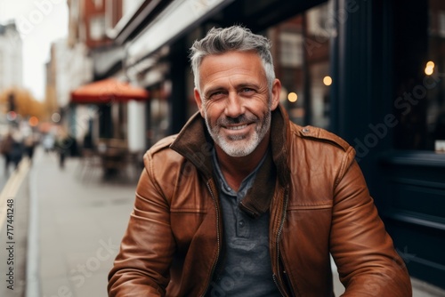 Portrait of a handsome mature man in a leather jacket on the street.
