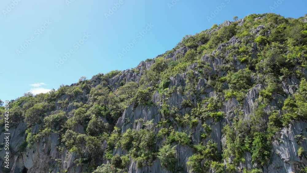 Bird's-eye perspective showcasing the vibrant blue sky backdrop accentuating metamorphic rocks at Baling hill Bird's-eye perspective showcasing the vibrant blue sky backdrop accentuating metamorphic rocks at Baling hill