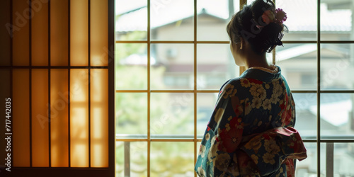 a woman in a kimono standing by a window, generative AI