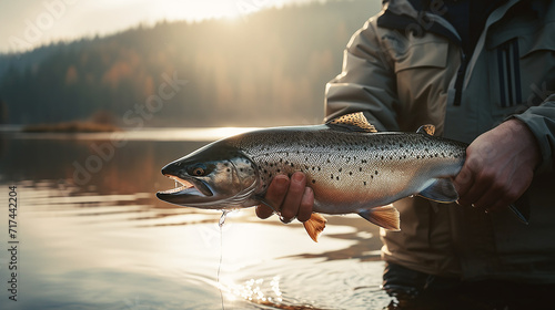 The fisherman holding a trout in hand in lake with mountain backrounds