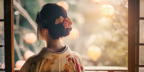 a woman in a kimono standing by a window, generative AI photo