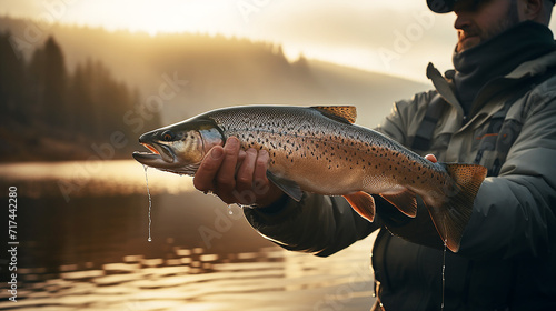 The fisherman holding a trout in hand in lake with mountain backrounds photo
