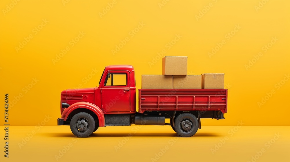 red truck with a load of boxes on a yellow background