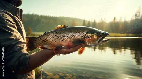 The fisherman holding a trout in hand in lake with mountain backrounds