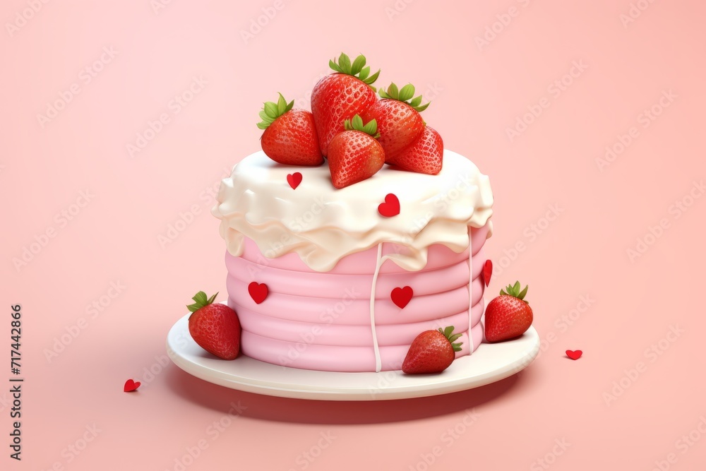3D Vanilla Cake Decorated with Strawberry Halves, on pink background, Generative AI 3D Vanilla Cake Decorated with Strawberry Halves, on pink background, Generative AI