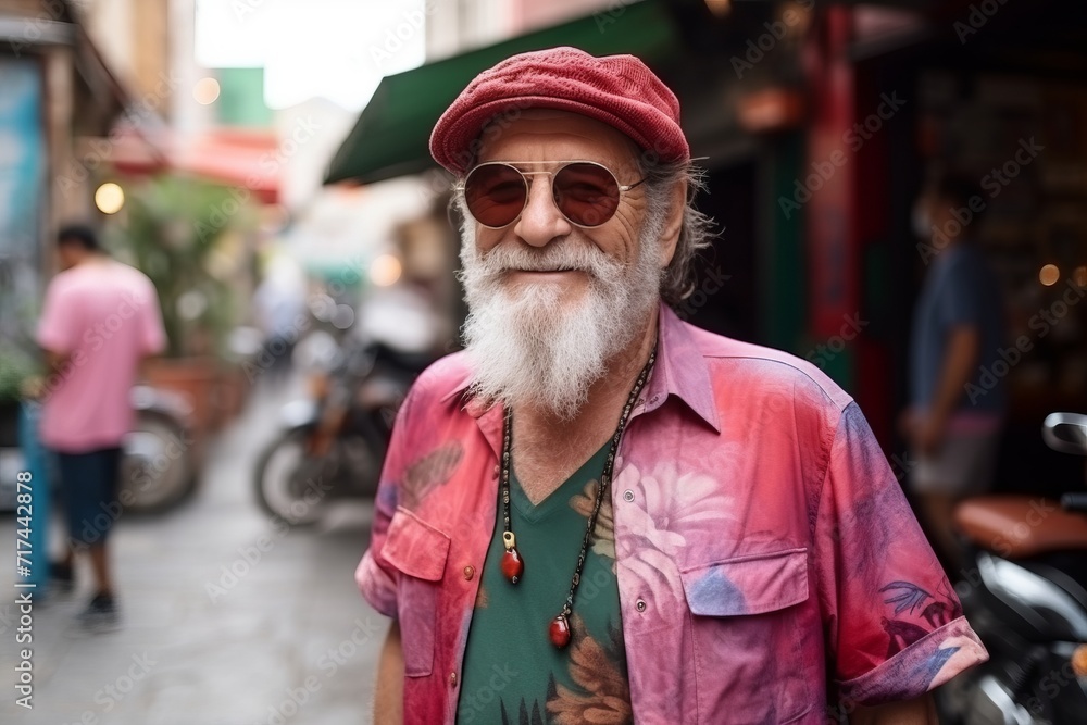 Portrait of an old man with a beard and sunglasses on the street Portrait of an old man with a beard and sunglasses on the street