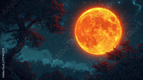 Full Super Moon Behind Tree Branches, Background Banner HD