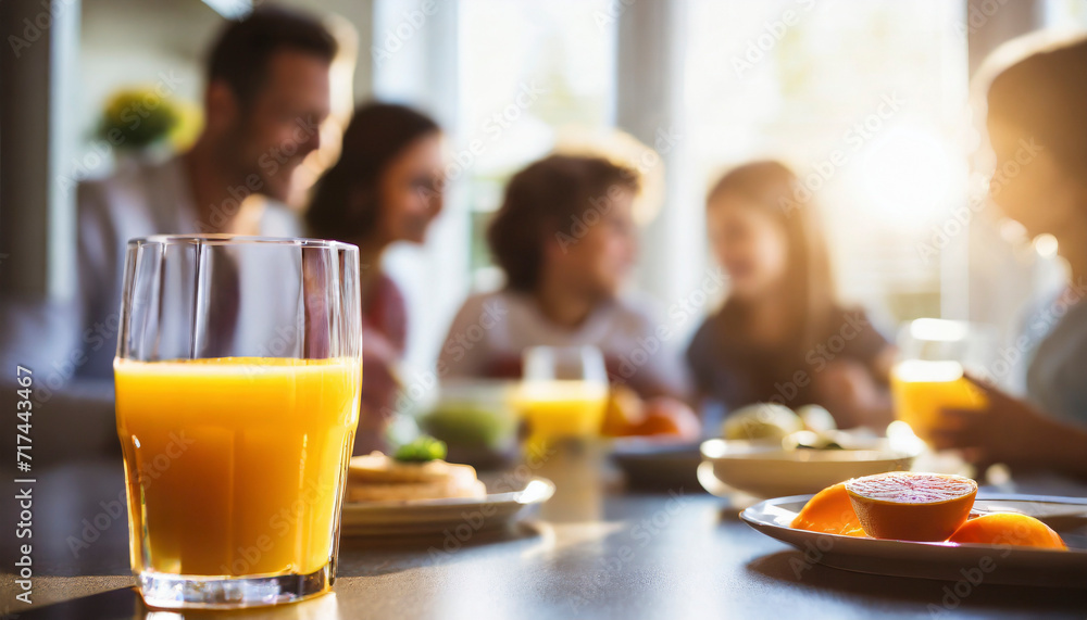 Close up of glass of orange juice on table with family in background