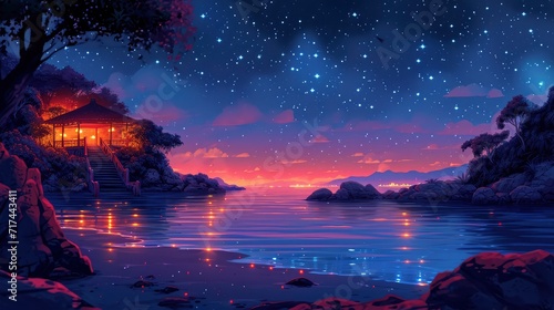 Gazebo Beach Starry Night Blue Lagoon, Background Banner HD