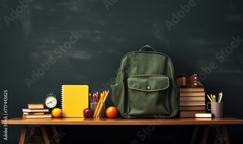 A school bag on a table in the photo in front of a textured gray wall. generative ai.