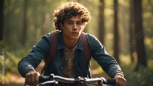 A young adult with curly hair rides a bicycle on a sunlit forest trail © New generate