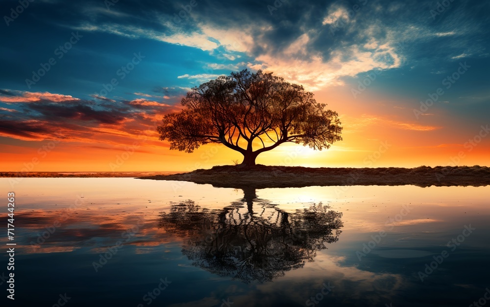 Fototapeta premium A lone tree on an island in the middle of the ocean Surreal Landscape