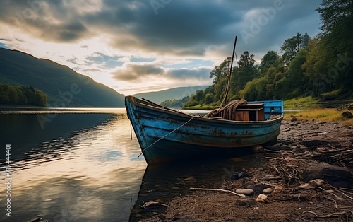 Old rusty fishing boat along the shore of the lake with clouds