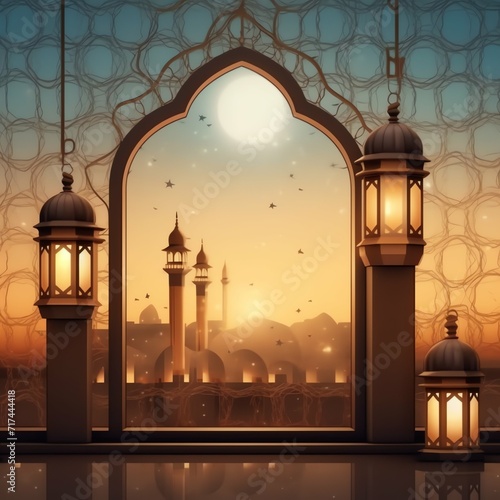 Eid mubarak and ramadan kareem greetings with islamic lantern and mosque. Eid al fitr background