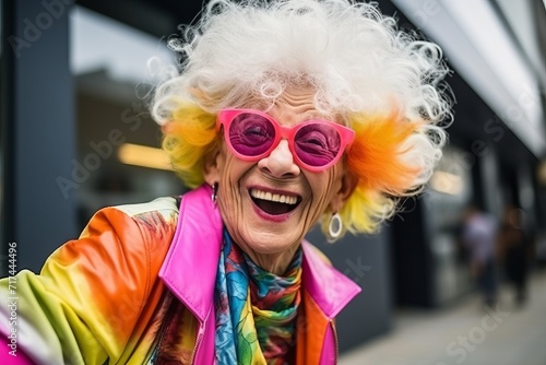 Portrait of cheerful senior woman with colorful wig and sunglasses in the city